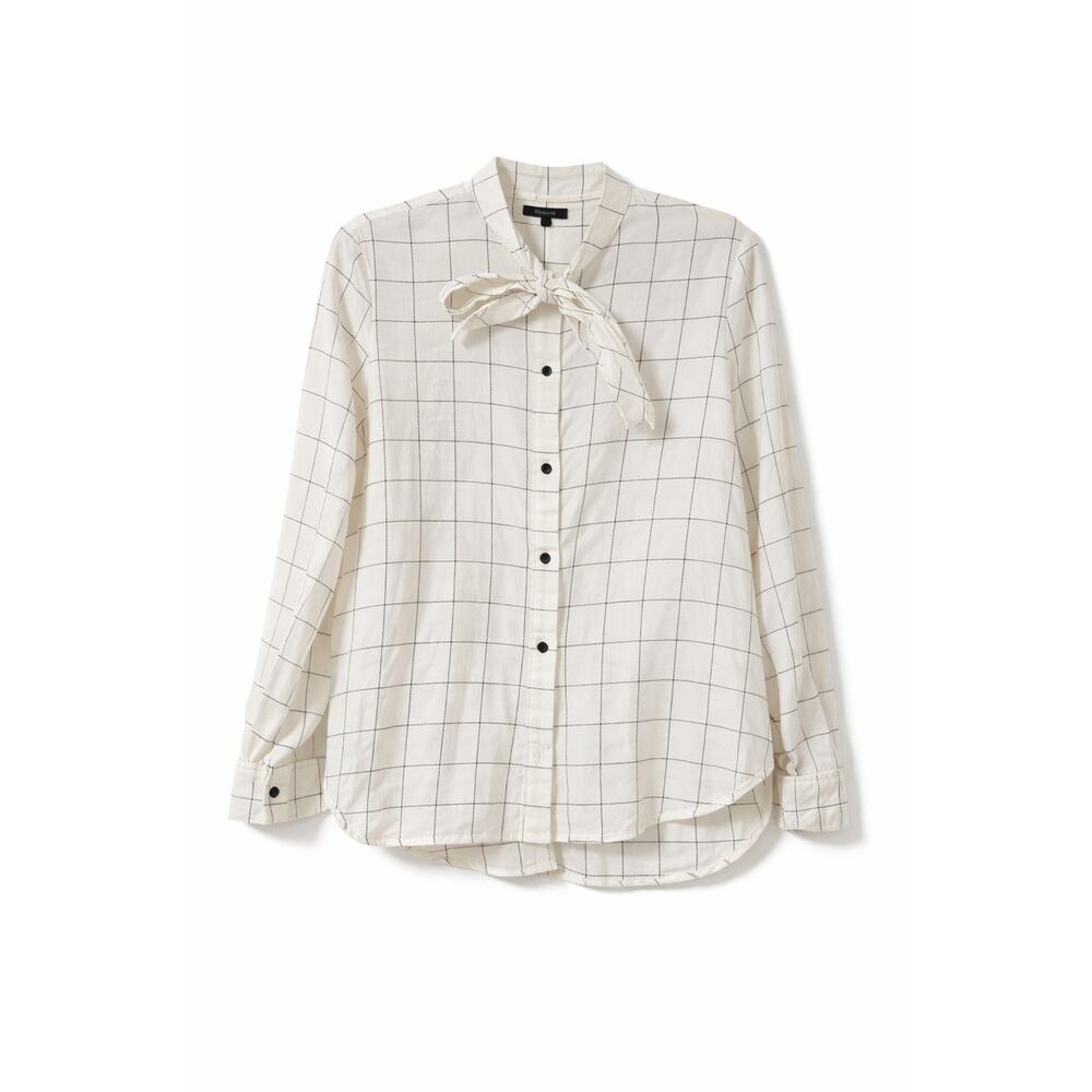 Madewell Plaid Flannel Blouse Windowpane Tie Neck Cotton Long Sleeve Shirt M